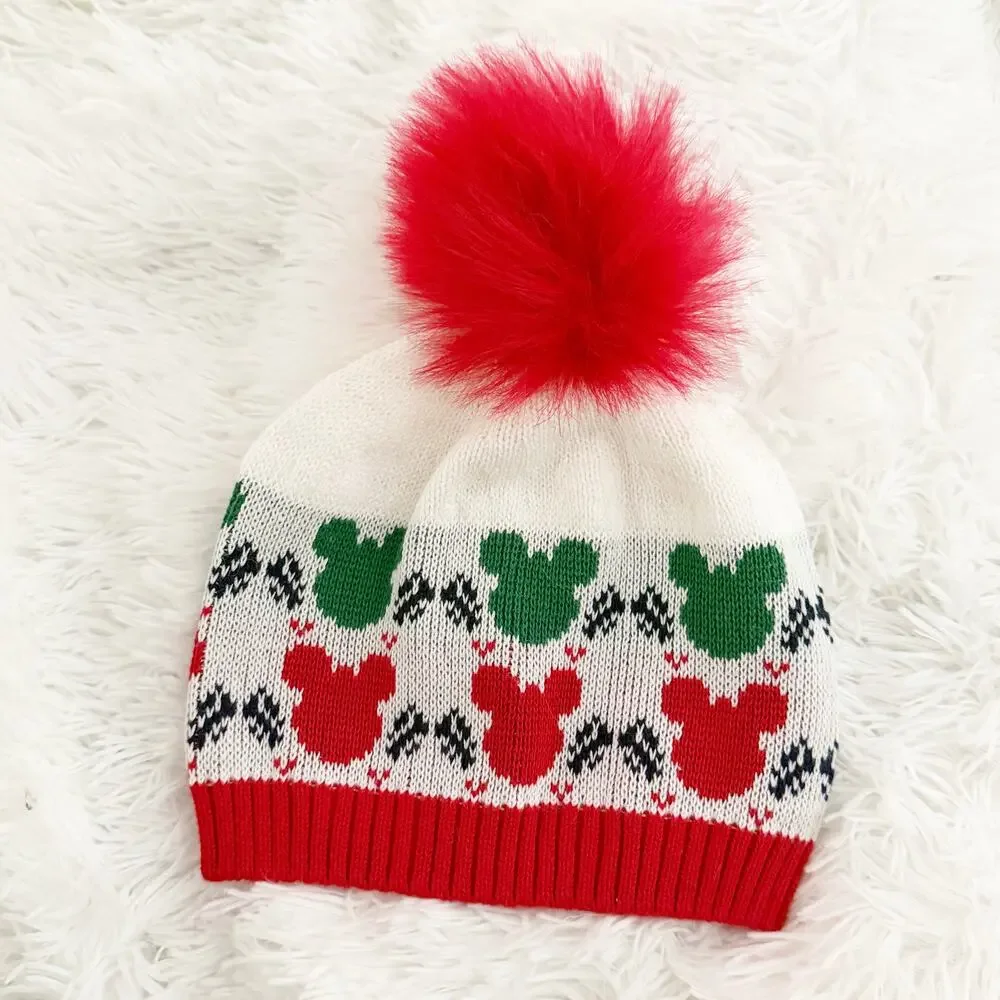 HANNA ANDERSSON | Mickey Mouse Holiday Knit Pom Beanie Hat Red Green | Kids OSFM